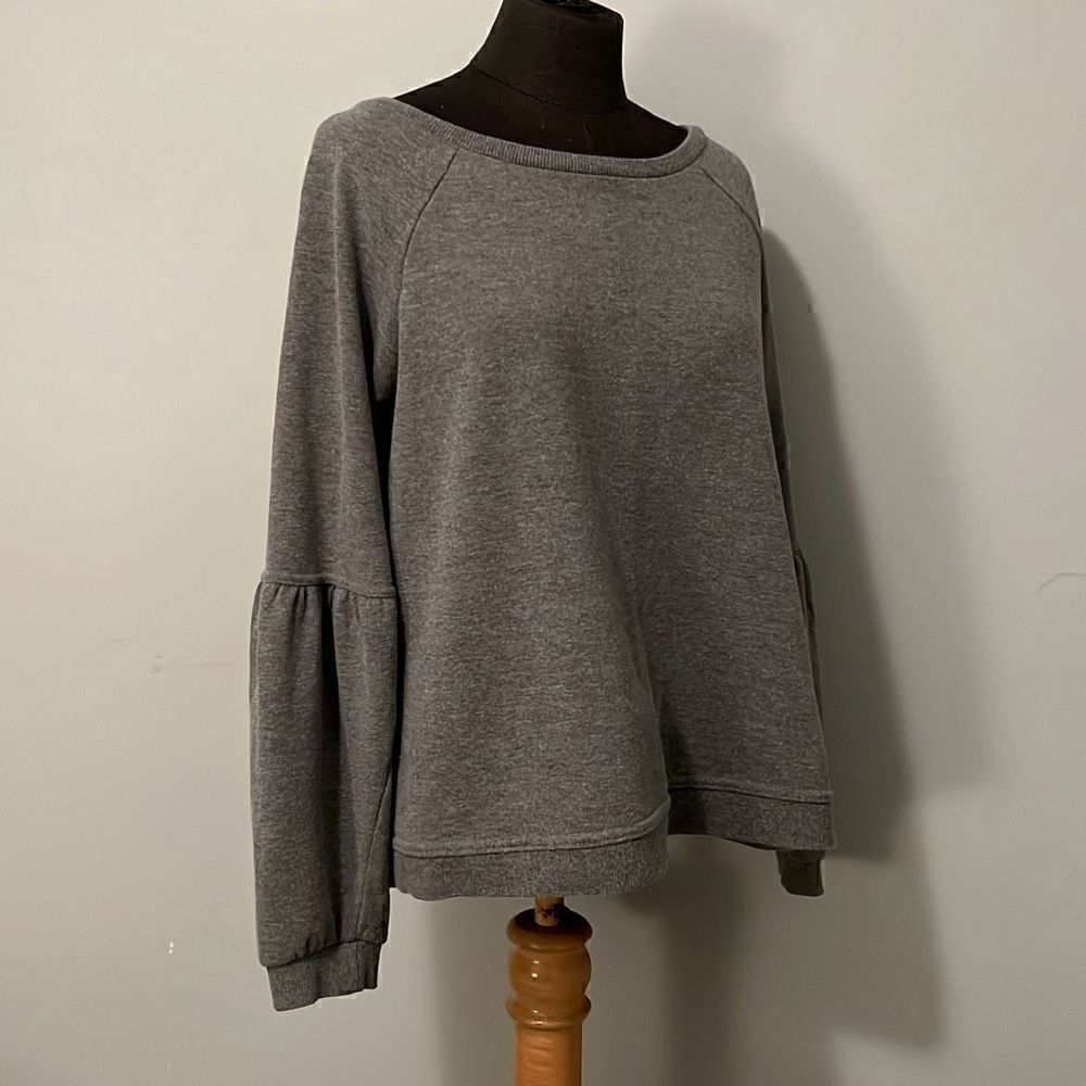 Women's Gray Pullover Crew Neck Long Puffed Sleeve Tops Size Large - Picture 2 of 7